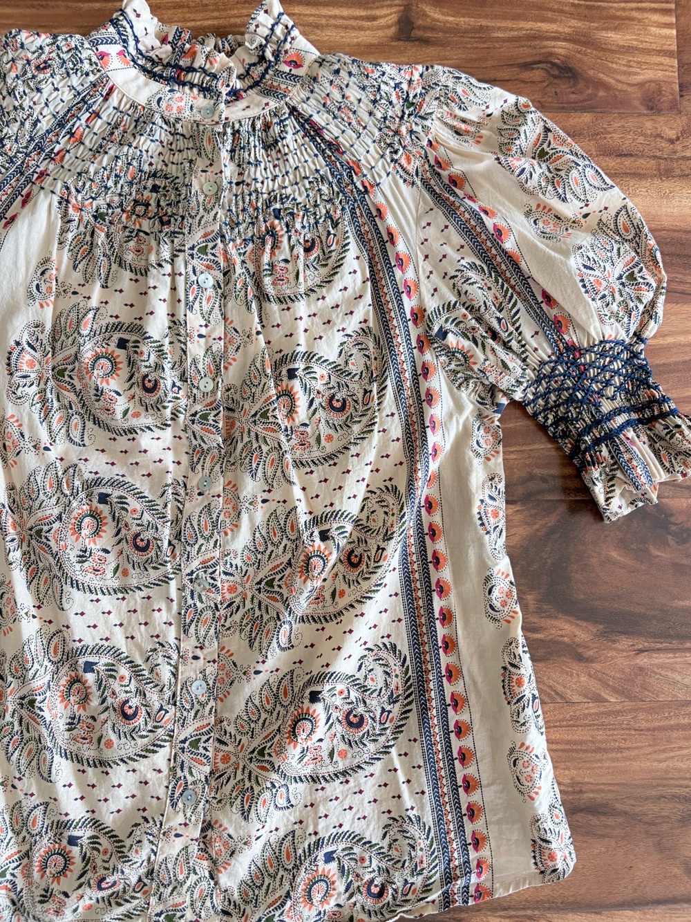 Andion Spain Women’s Hand Smocked Amelia Blouse Small Autumnal Paisley Shirt